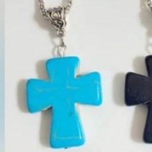 Cross Necklace Blue Turquoise color stone on silver 18”- 22”chain NEW